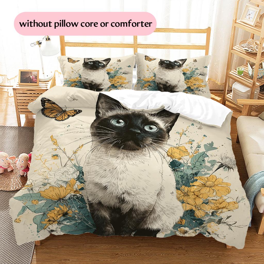 Siamese Cat and Plants Pattern Bedding Home Decoration Birthday Gift (1 * Duvet Cover + 2 * Pillowcase, Without Core)