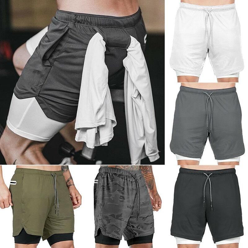 Men's Camo Running Double-deck Stretchy Quick Dry Gym Shorts With Secure Phone Bag