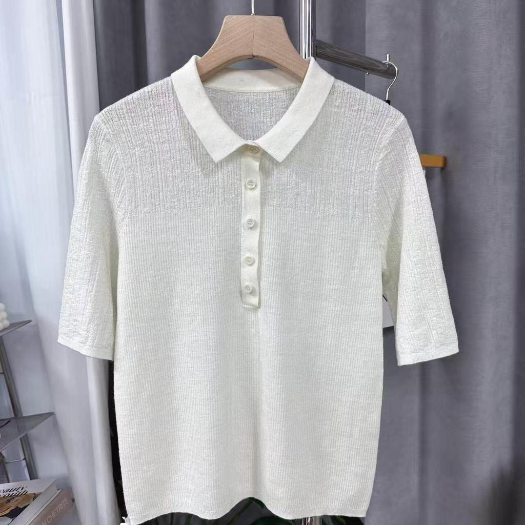 Northern Deer Women's Old Money Style Slub Yarn Polo Collar Knit Short Sleeve, 54.7 Wool, 45.3 Linen, M96Q0417