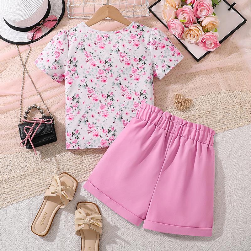 Dívčí ležérní oblek, letní dětský módní tištěný top s krátkým rukávem a kraťasy, dvoudílný oblek