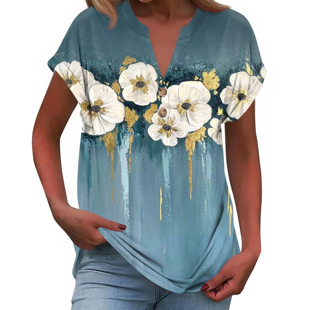 Women's Fashionable Casual Loose-Fit Short-Sleeved Button-Up V-Neck Printed T-Shirt Top