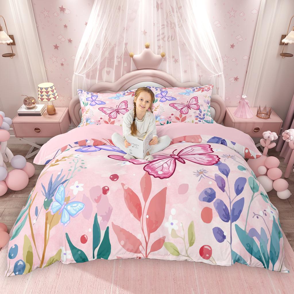 Homewish Chic Butterfly Duvet Cover Set For Girls Spring Garden Flower Quilt Cover Set Wild Animal Floral Bedding Set