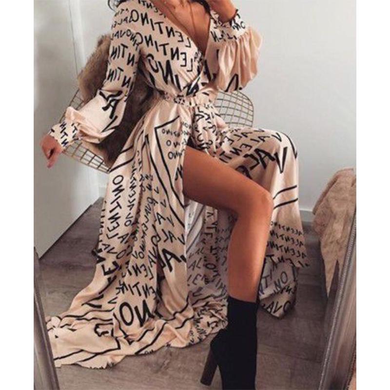 Módní dámské sexy maxi koktejlové šaty s výstřihem do V s dlouhým rukávem