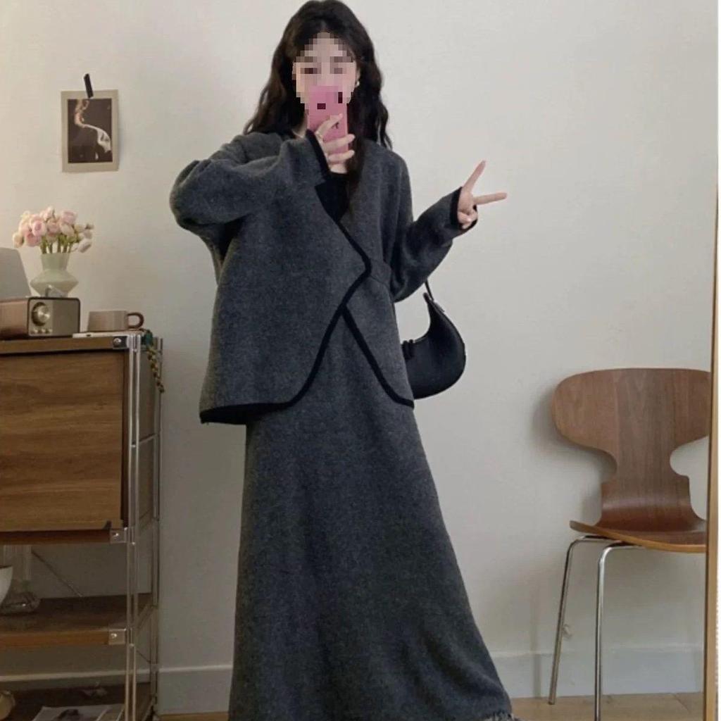 Damen Übergröße Unregelmäßiges Zweiteiliges Set mit Fleece-Futter: Schlankmachender Midirock für Herbst/Winter