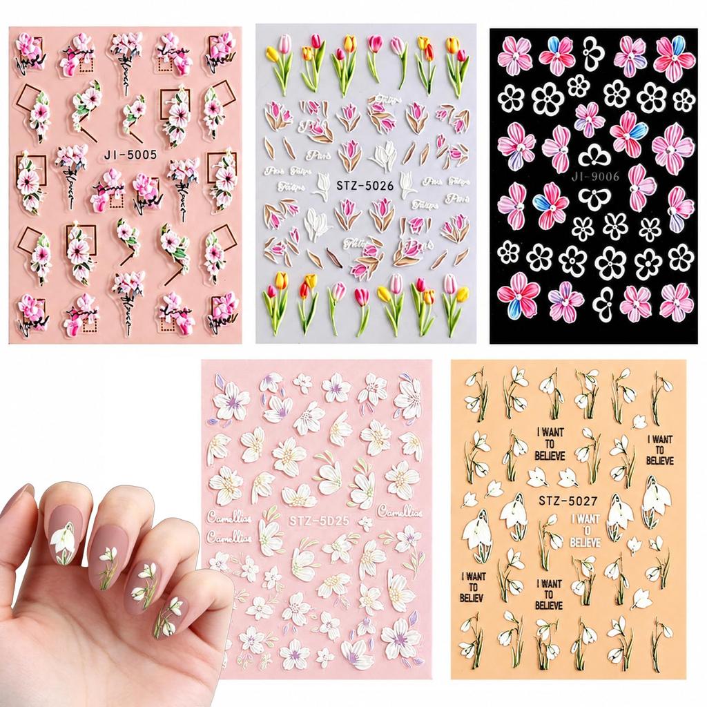 5-Sheet Nail Art Stickers, 3D Embossed Nail Stickers, DIY Nail Art Accessories for Women Home and Salon Manicure