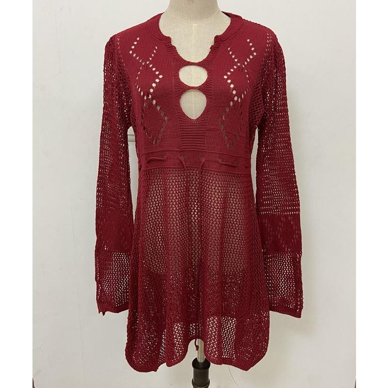 Women's Hollow Out Sun Shirt Flared Sleeve Beach Cover Up Bikini Outer Shirt Knitwear