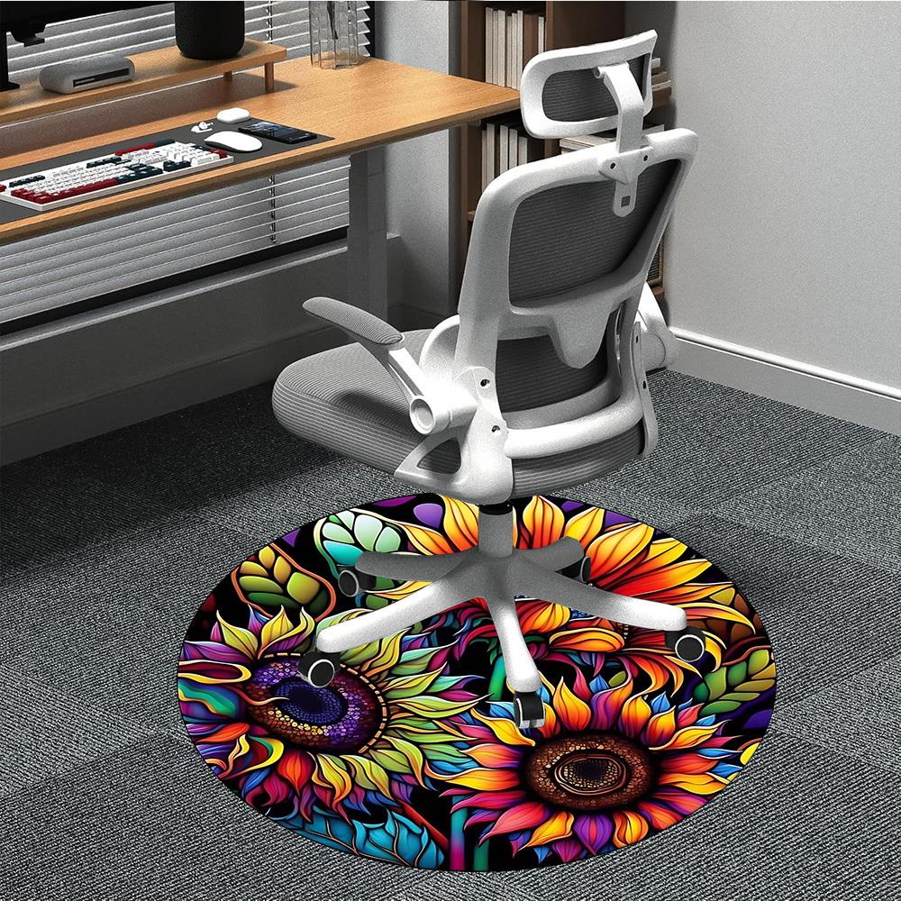 1 Stück Bunter Sonnenblumen-Buntglas-Stuhlteppich für das Büro, Runde Polyestermatte, Büro, Pflegeleichtes Gewebe, Waschbarer rutschfester Teppich