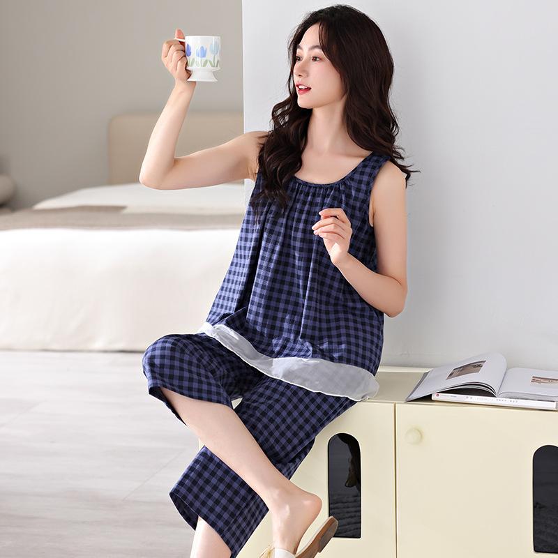 Pajamas Women's Summer Cotton Vest Cropped Pants Thin Summer Women's Casual Plaid Can Be Worn Outside Summer Loungewear