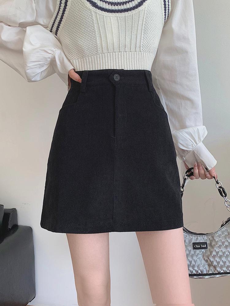 2023 Women's High Waist Brown Corduroy A-Line Skirt - Autumn/Winter Slim Fit for Petite Figures