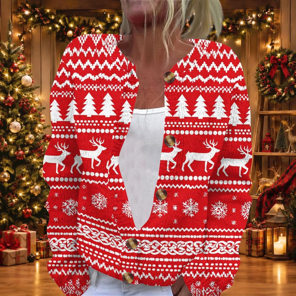 Women's Christmas Print Knit Cardigan Button Front Long Sleeve Sweater Coat for Holiday