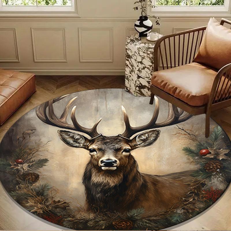 Deer With American Flag Background Round Rug for Livingroom,Bedroom, Palyroom, Chair Rug, Area rug, Circle Carpet, Large Size Fan Christmas gift