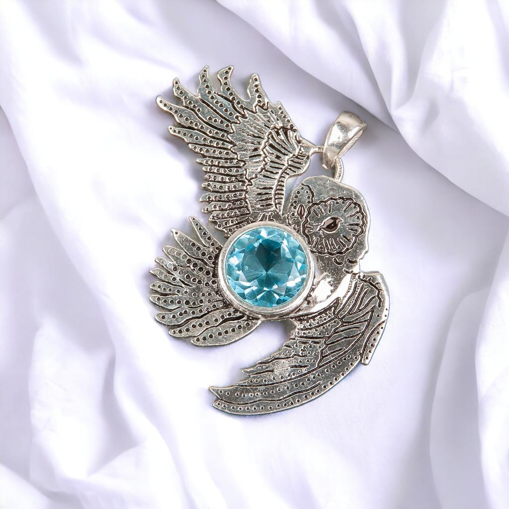 925 Sterling Silver Multi Gemstone Owl Designer Good Luck Jewelry Pendant 1.3" CP-16