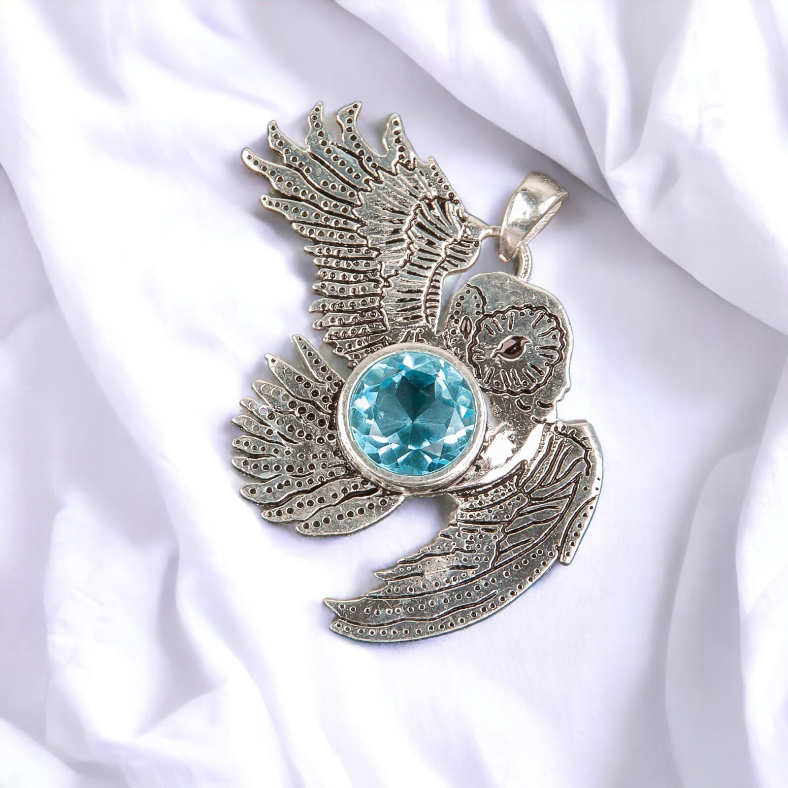 

925 Sterling Silver Multi Gemstone Owl Designer Good Luck Jewelry Pendant 1.3 CP-16