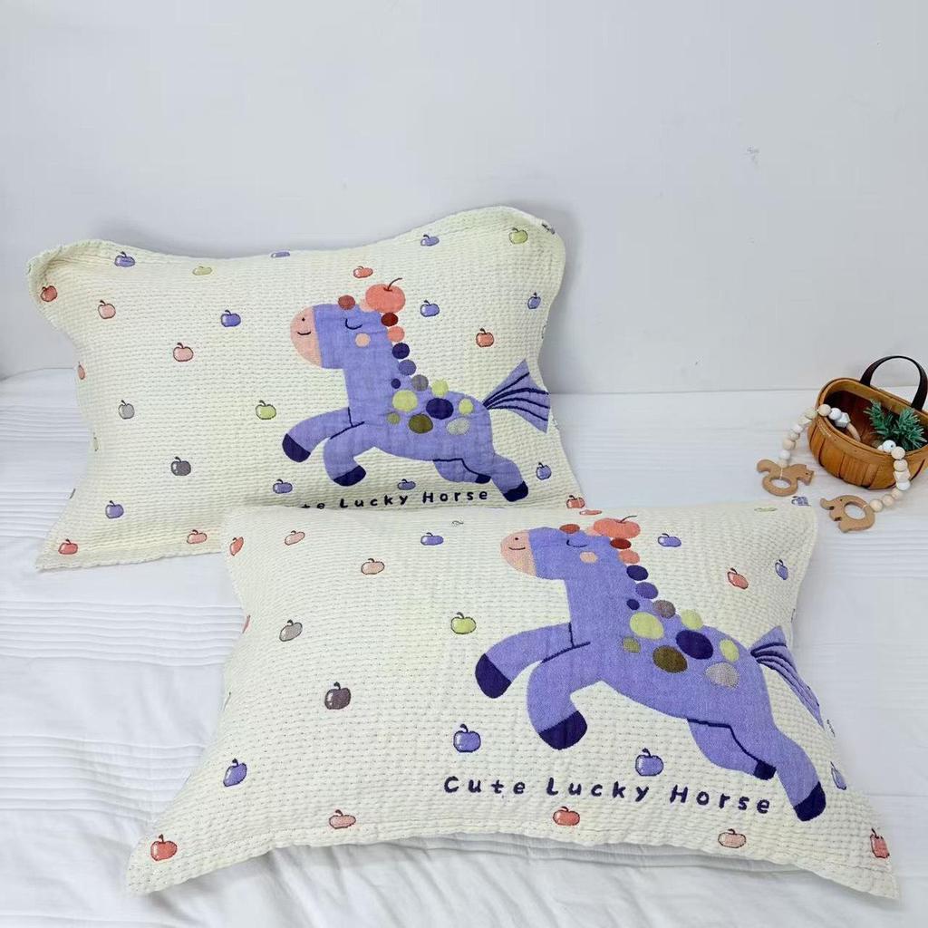 Cartoon Cotton Gauze Pillowcase Set: Soft, Breathable, Sweat-Absorbent Pillow Covers.