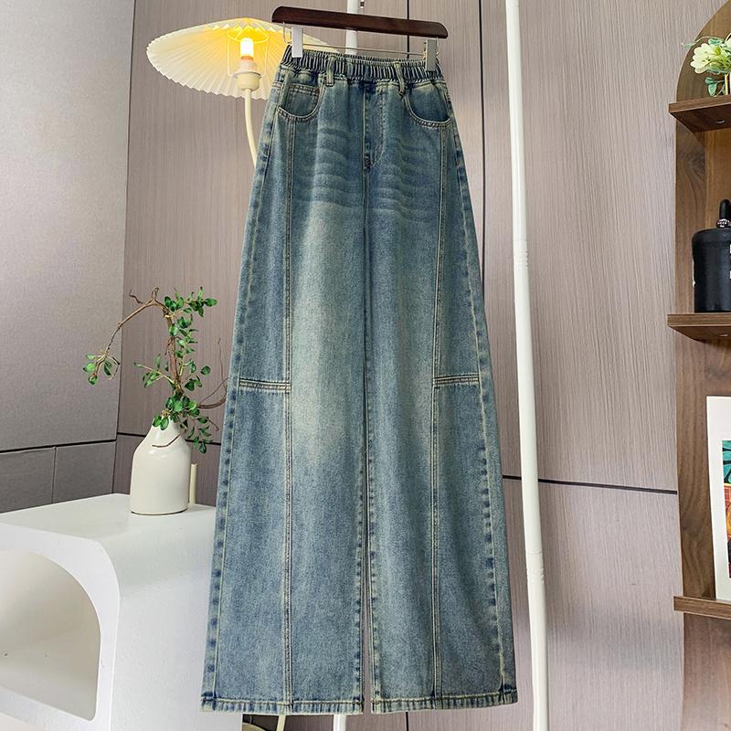 DIMANAF 2025 Plus Size Autumn Blue Basic Elastic Jeans New Pants Women Loose Denim Wide-leg pants Big Casual Pants 6XL