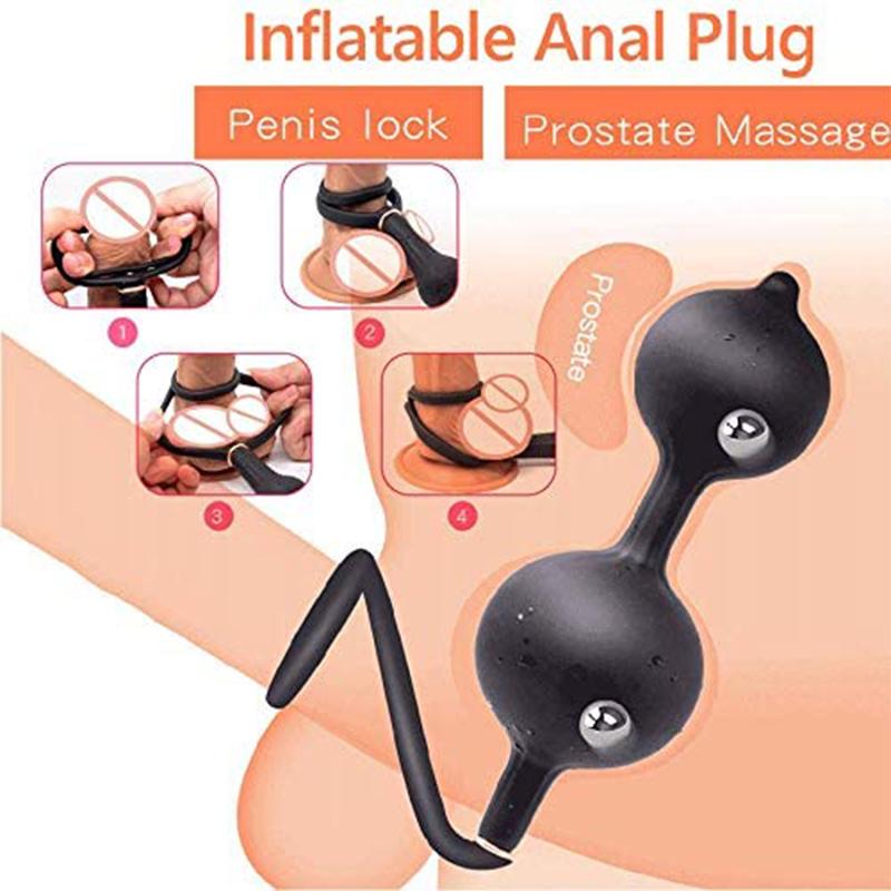 Inflatable Anal Plug with Steel Balls Prostate Massager G-spot Clit Stimulator Adult Toys for Men