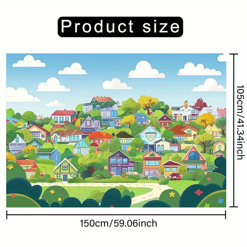 

2D Kids Suburban Town Banner Whimsical Houses and Green Trees Party Photo Booth 47.2x31.5inch/120*80cm