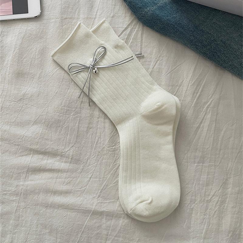 Female Spring and Autumn Cotton Double Bow Love Ballet Wind Drum Pile Socks