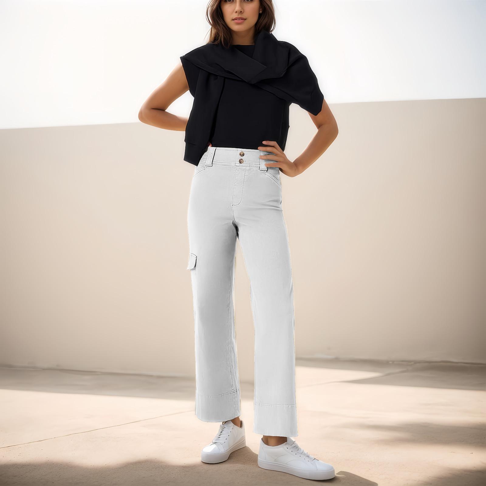 

Широкие брюки для женщин, брюки для йоги, спортивные штаны с высокой талией и карманами, эластичные брюки, удобные спортивные спортивные штаны для тренировок L белый