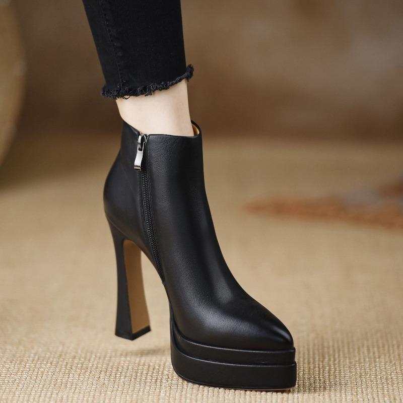 Ultrahohe Damenstiefel Mode Spitz Zehen Hohe Absätze Lederstiefel Dicker Absatz Plateau Botas Seitenreißverschluss Hochhackige Stiefeletten