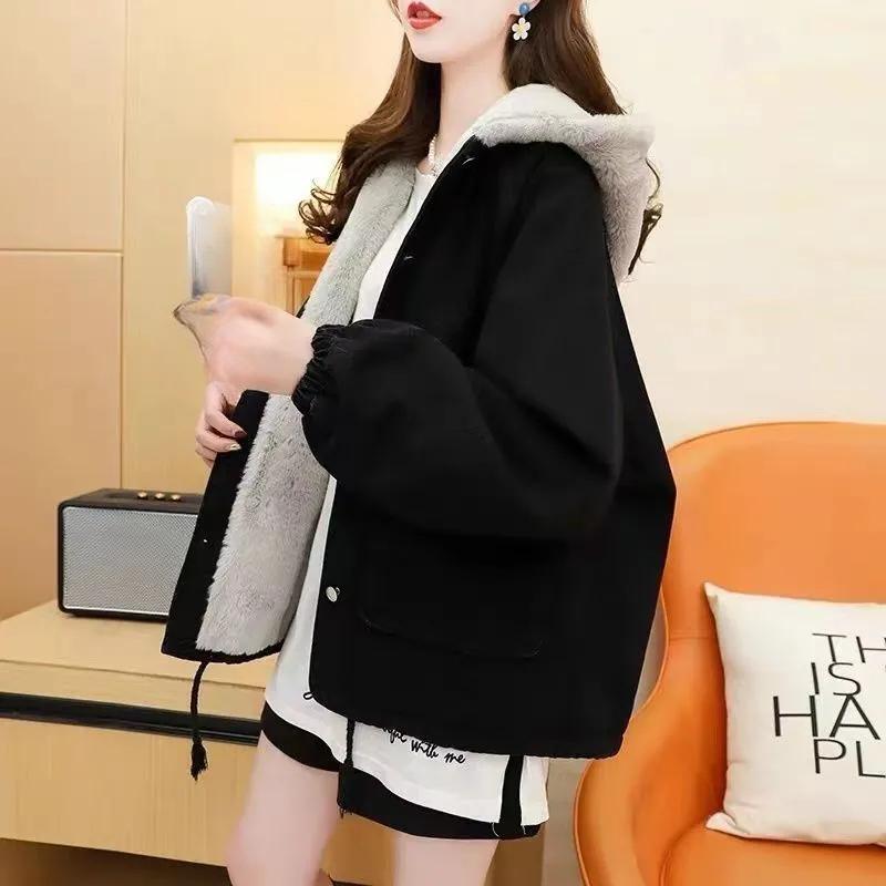 Plus Velvet Thick Hooded Denim Jacket Women's Autumn and Winter Outer Wear All-match Loose Lazy Style Jacket