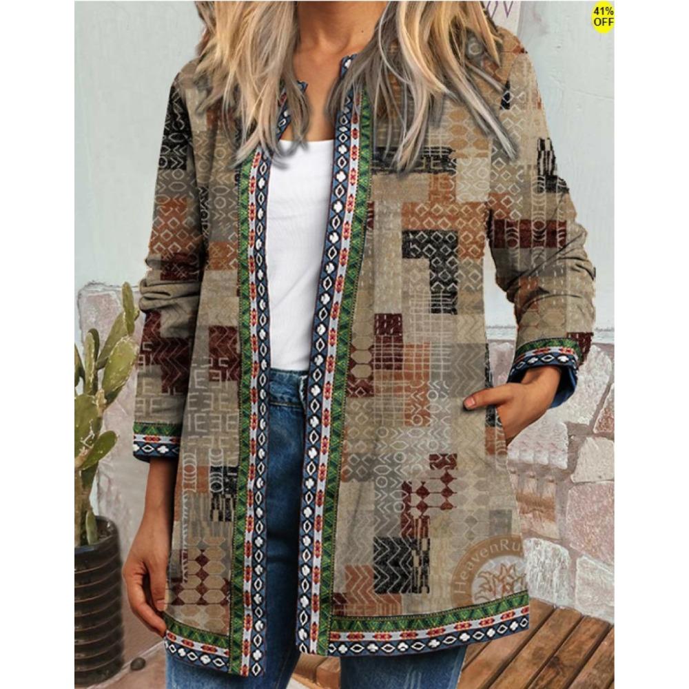 GMXIA Autumn and Winter Vintage Ethnic Style Printed Long Sleeve Hoodie Outside Cardigan Coat for Women