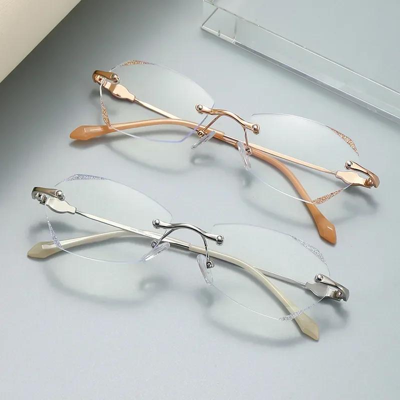 Rimless Myopia Glasses Women Ultralight Vintage Prescription Eyeglasses Shiny Diamond Leg Blue Light Blocking