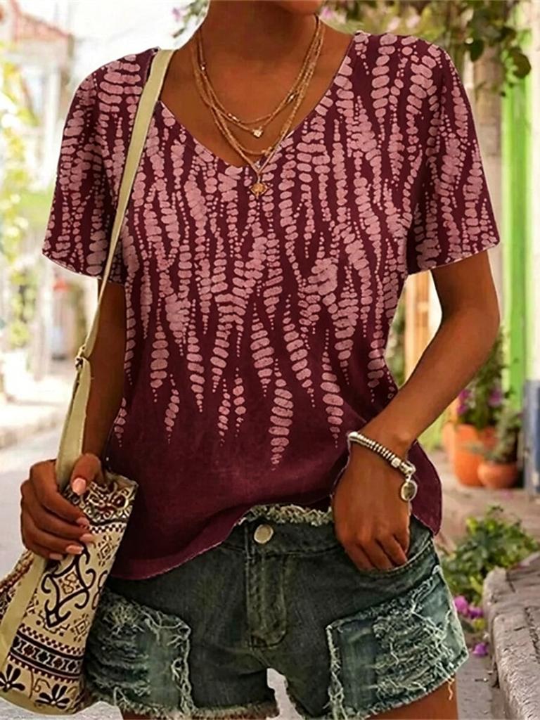 Women's Abstract Waterdrop Print V Neck T-Shirt, Short Sleeve Casual Tops, Stylish Daily Wear for Spring & Summer