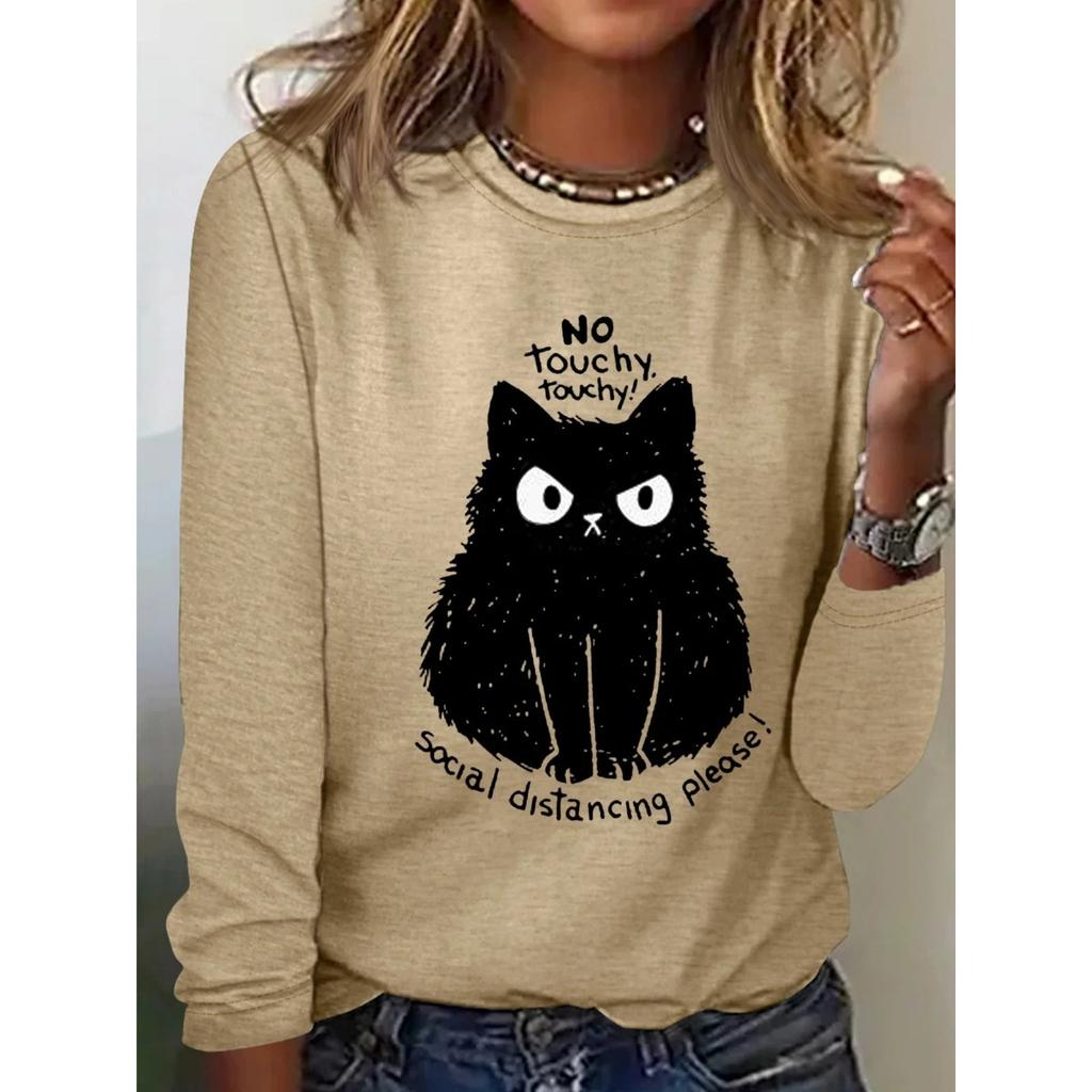 Rundhals 3D-bedrucktes Katzenmuster Top Modische Lässige Langarm Damen T-Shirts