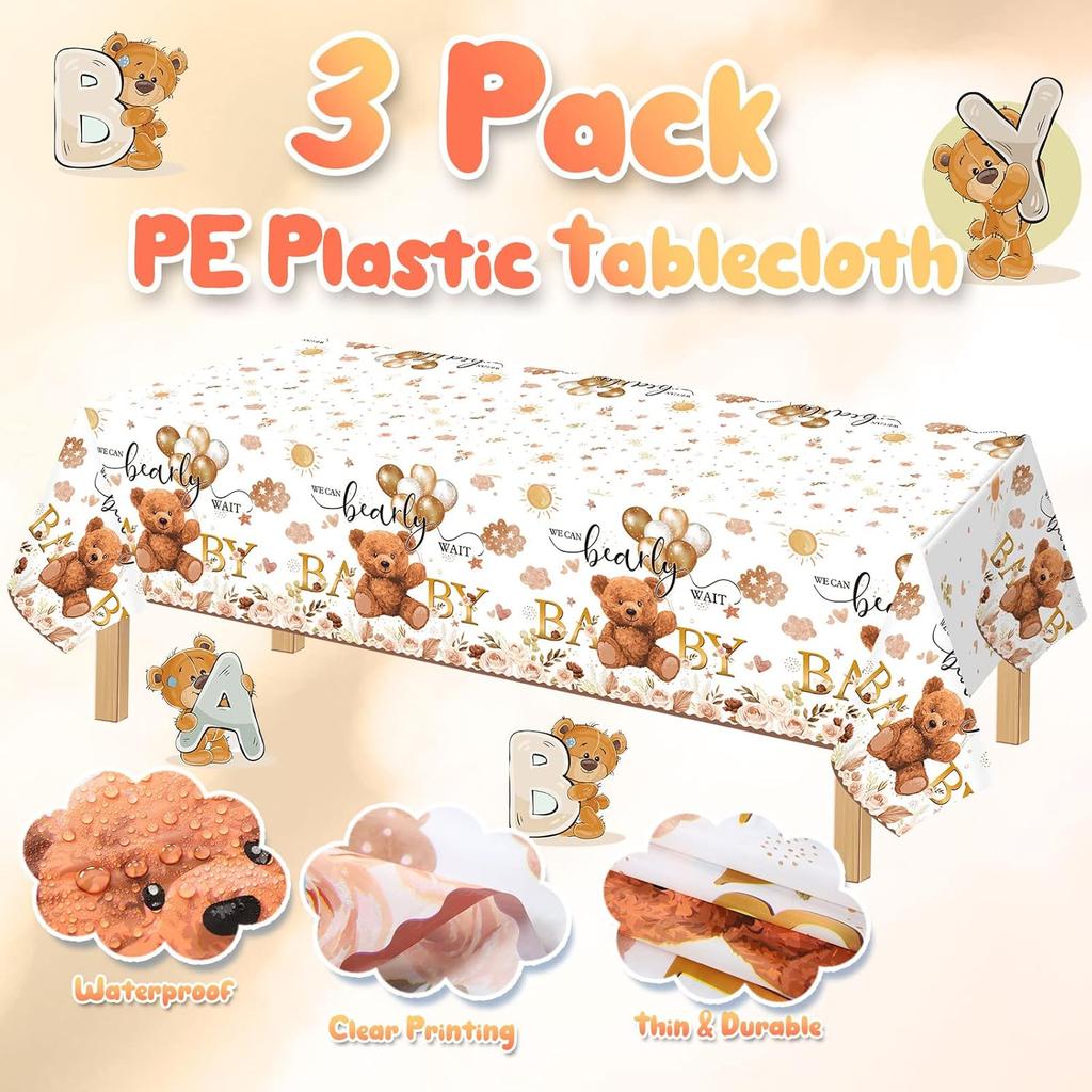 Tatuo 3 Pcs Bear Baby Shower Decorations Tablecloth We Can Bearly Wait Bear Table Cover Balloon Plastic Tablecloth for Birthday Baby Shower Party