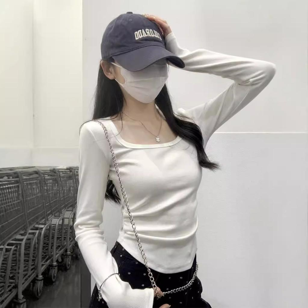 Irregular Curved Hem Long-sleeved Bottoming Shirt Women's Spring Waist Pinch Pleated Shoulder T-shirt Pure Desire Style Top