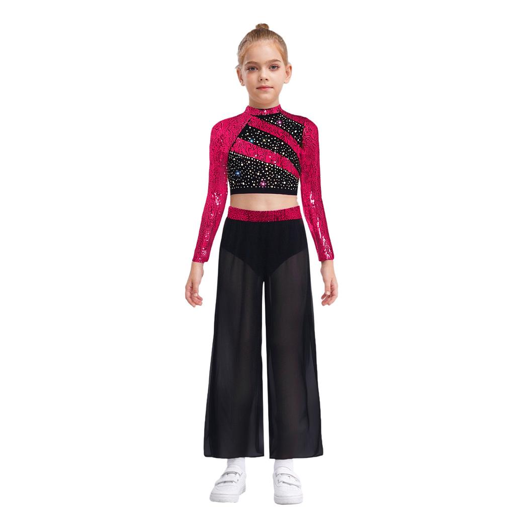 Kids Girls Dance Costume Two-Piece Set Mock Neck Long-Sleeved Sequins Cutout Back Press Button Crop Top with Flowing Chiffon Overlay Wide-Leg Side Sli