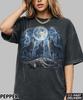 Vintage Wolf Blitze 90er Grafikshirt, 2000er Natur Polarlichter Oberteil, Vollmond Wildnis T-Shirt, Rustikales Outdoor Geschenk, Grauer Wolf Ausgewaschenes T-Shirt