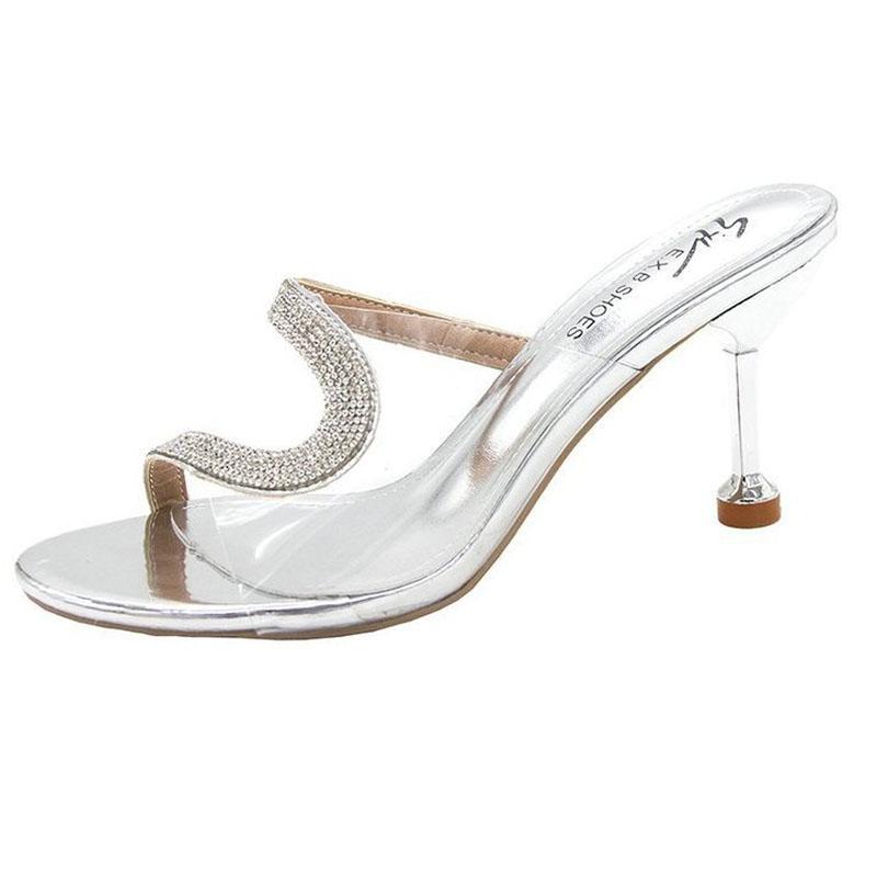 

Модные женские прозрачные сандалии Летние блестящие туфли-стилет со стразами Сандалии с открытым носком Женские туфли-лодочки для вечеринки WSH4400 34 серебряный