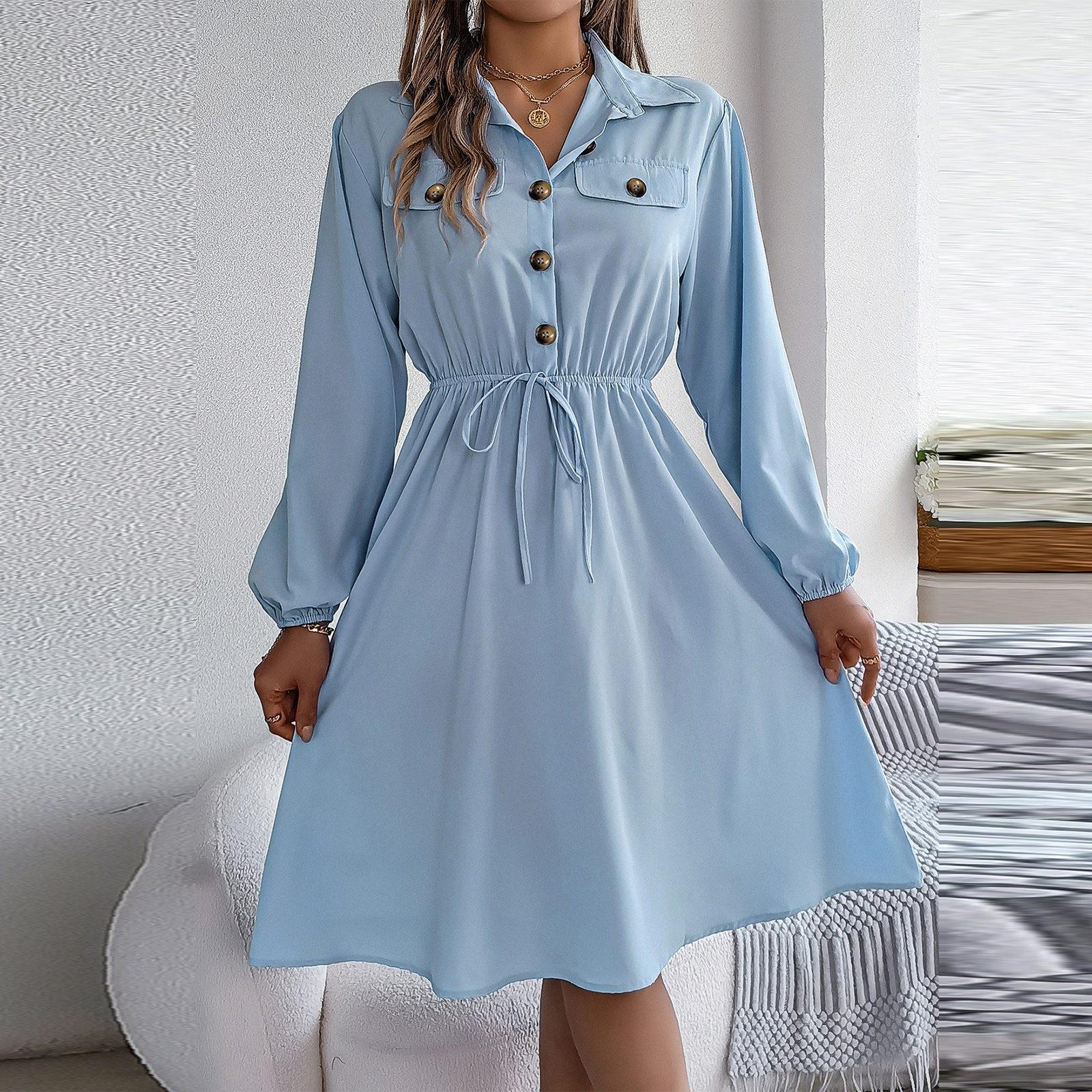 

Женское модное ретро однотонное платье с длинными рукавами и завязками на талии и лацканами XL