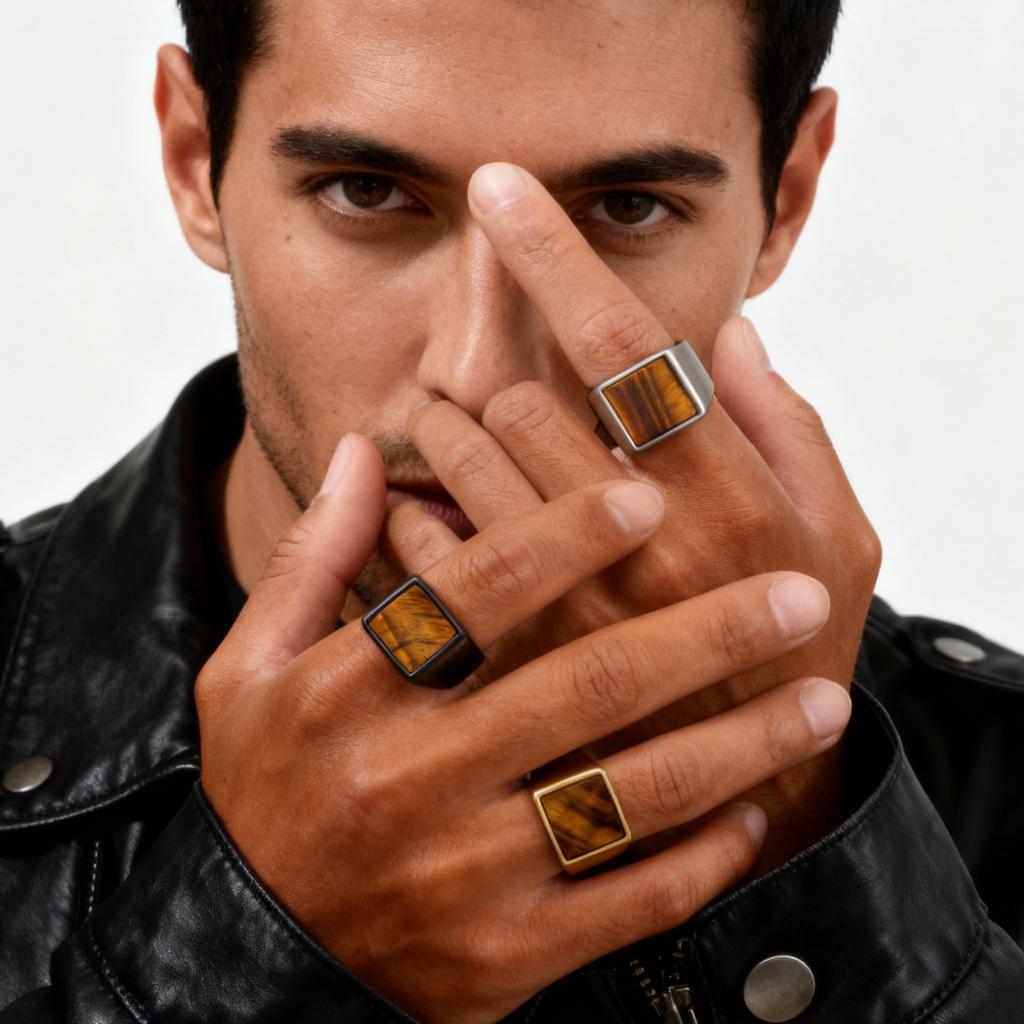 Tiger Eye Stone Ring for Men Boys,Stainless Steel Brown Natural Stone Signet Ring Square Ring,Stylsh Party Jewelry Gift