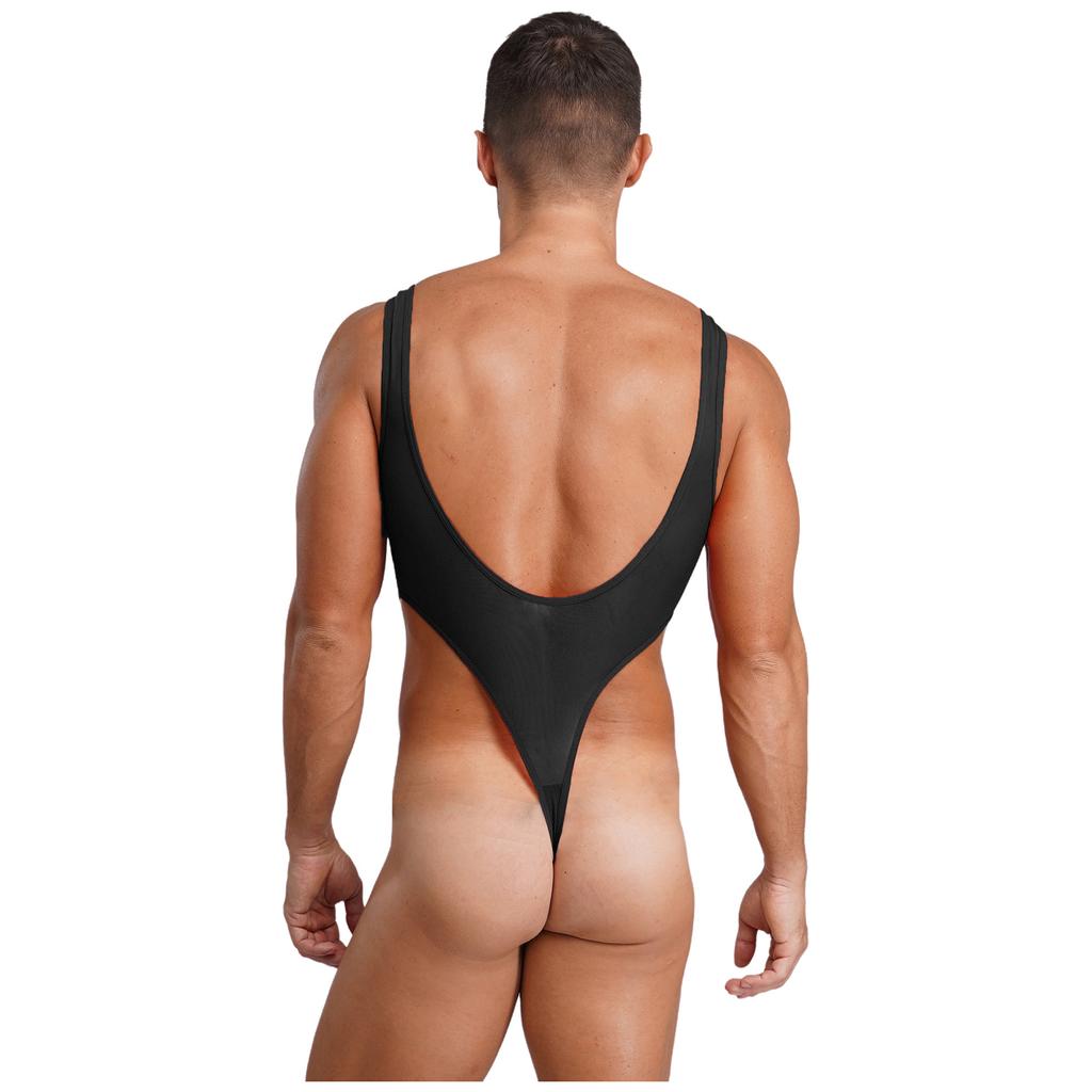 Herren Durchsichtiges Netz Ärmellos Offener Rücken Beutel Hoher Beinausschnitt Einteiler Bodysuit Jumpsuit