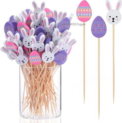 100pcs Easter Disposable Bamboo Skewers Rabbit Eggs Food Picks Fruit Fork Sandwich Buffet Stick Easter Decoration 2025 Supplies