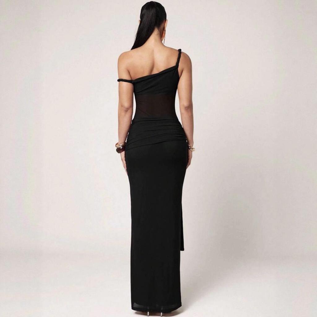 GD-solid Color Sexy Waist See-through Tube Top Strap Design Slanted Shoulder Dress