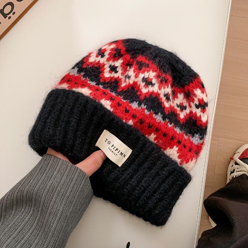 Vintage Fair Island knitted wool hat women's autumn and winter warm versatile ear protection hat loose face small headgear