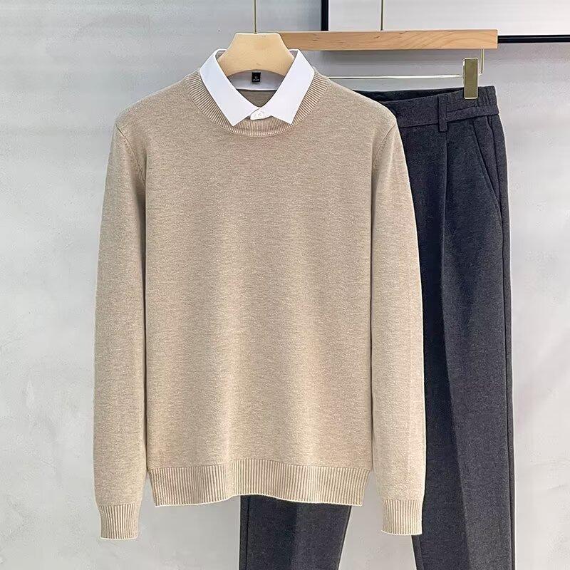 Men's Designer Sweater, Fall 2025: Korean Style Fake Two-Piece with Shirt and Stand Collar, Inner Knitwear Base Layer.