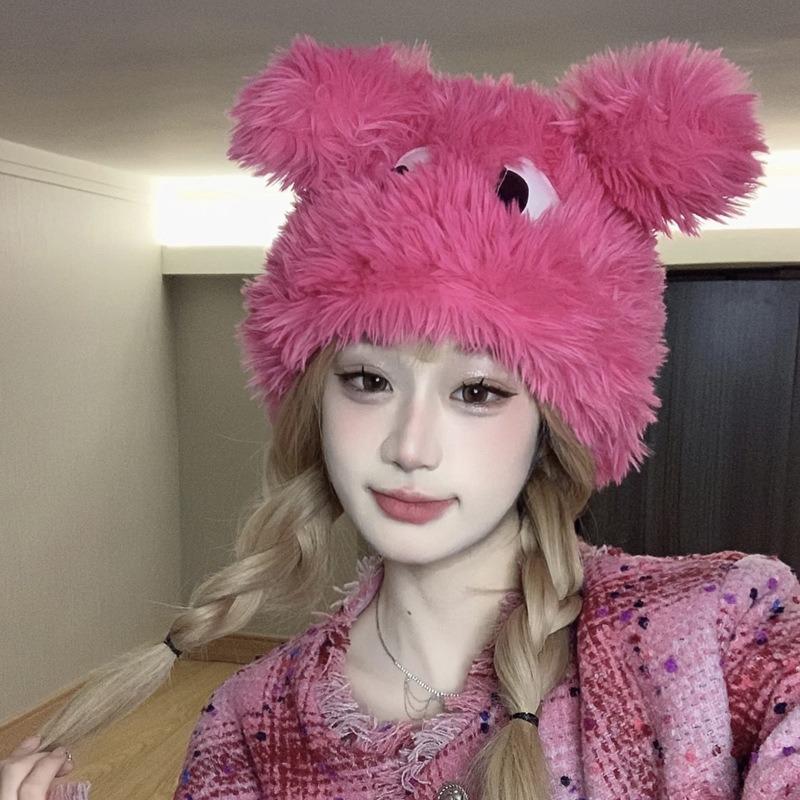 

Cute cartoon funny puppy hat female eyes long ears thickened pullover hat autumn and winter warm plush One size розы красного