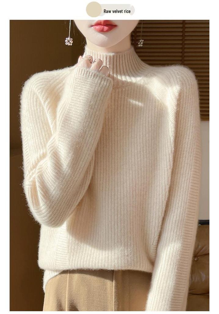 2025 Autumn/Winter Women's Wool Ribbed Loose Knitwear with Seven-Stitch High Neck - Soft, Versatile, and Trendy.