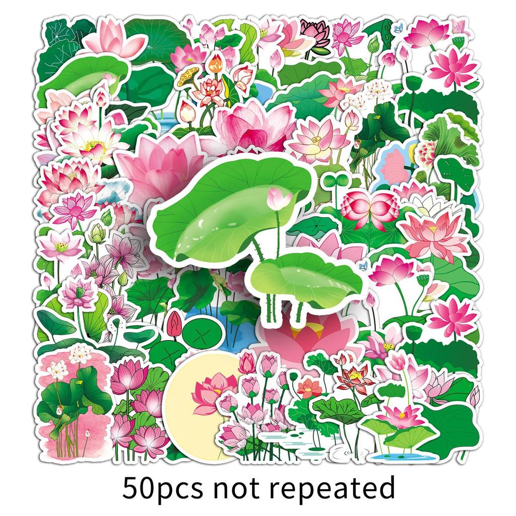 50 Lotus Leaves Doodle Small Fresh Plants Flowers Creative DIY Mobile Suitcase Stickers Waterproof