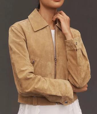 Damen Motorrad Stilvoll Lässig Wildleder Braun Reißverschluss Jacke Handgemacht Lammfell Biker Weich