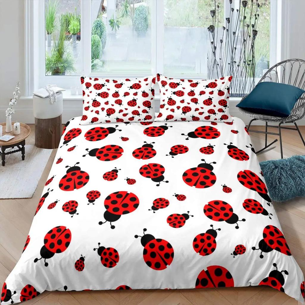 Ladybug Duvet Cover Set Cute Bug Bedding Set Twin Size for Kids Boys Bedroom Red Floral and Insect Adults Queen Duvet Cover Sets