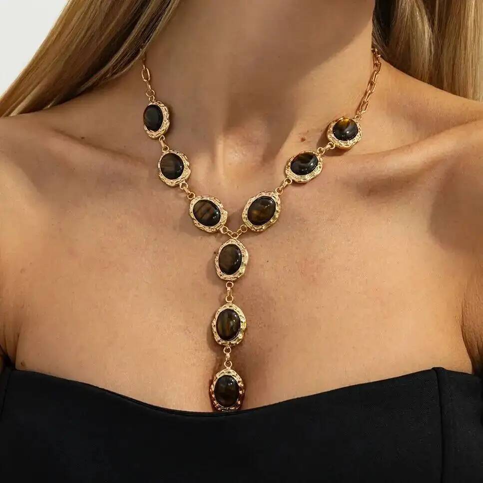 IngeSight.Z Retro Ethnic Brown Tiger Eye Stone Resin Pendant Necklace Women Trendy Yshaped Sweater Chain Party Jewelry Accessory