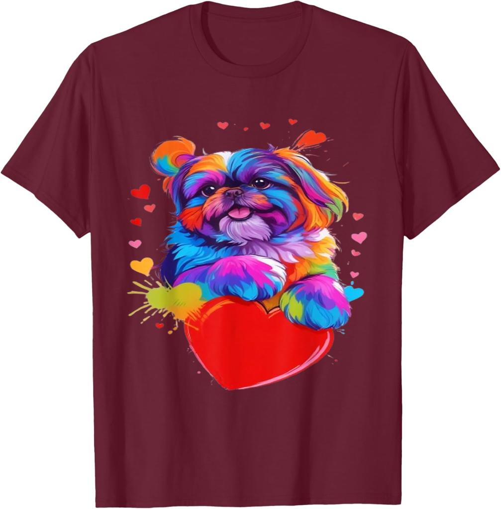 Colorful Shih Tzu Heart Graphic T-Shirt Cute Dog Lover Casual Short Sleeve Tee