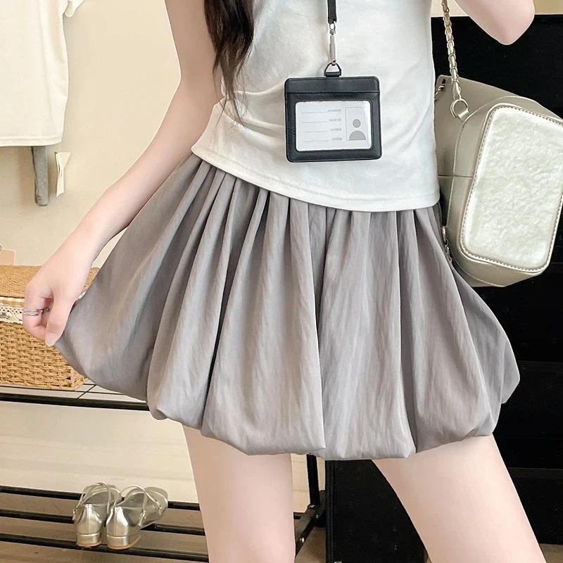 Women's Mini Skirt High Waist A Line Slimming Summer Skirt Shorts Petite Pleated Puff Hem Pink
