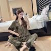 Summer ice silk pajamas women's short-sleeved trousers leopard print lace high-end fashion light luxury loungewear suit can be worn outside